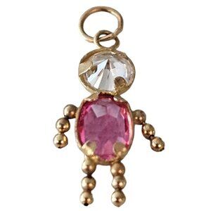 14K Yellow Gold Pink Clear CZ Girl Charm Pendant L78